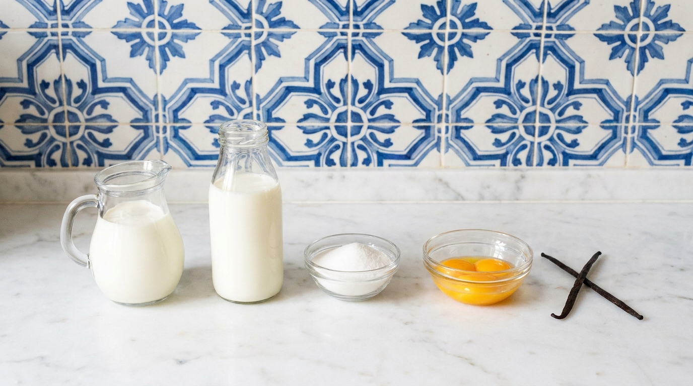 Cinco ingredientes numa bancada de mármore: nata, leite, açúcar, gemas e vagens de baunilha.