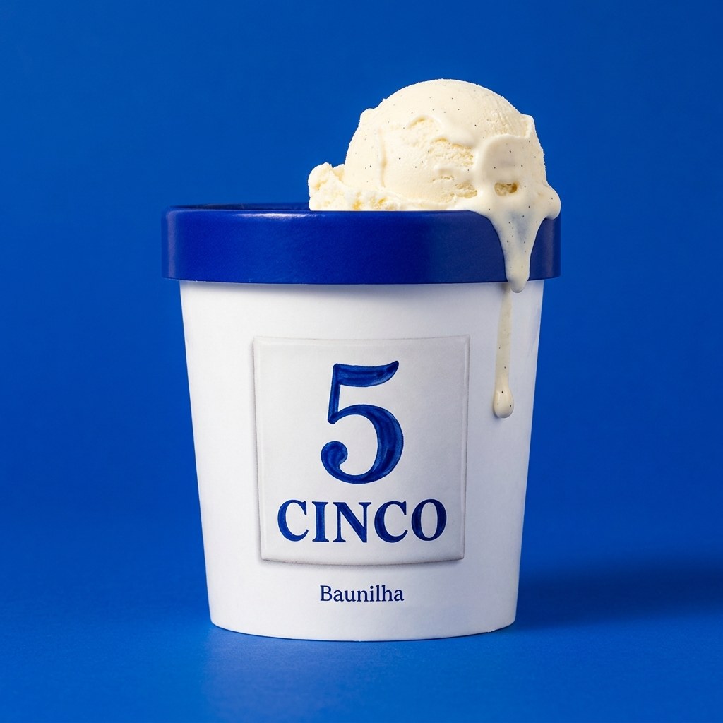 Uma embalagem branca de gelado CINCO com tampa azul cobalto, uma colherada de baunilha a derreter por cima.