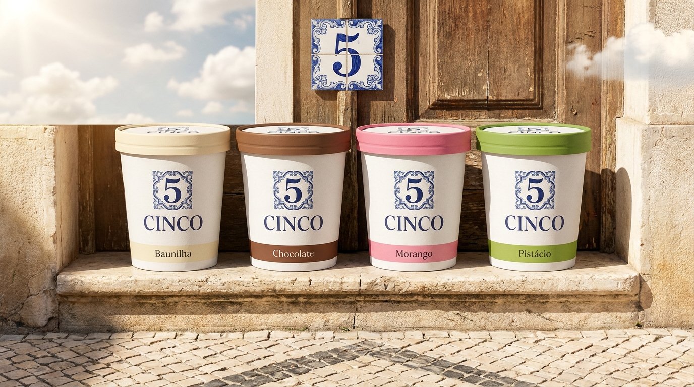 Quatro embalagens de gelado CINCO à porta de uma casa em Lisboa, com o número 5 em azulejo.