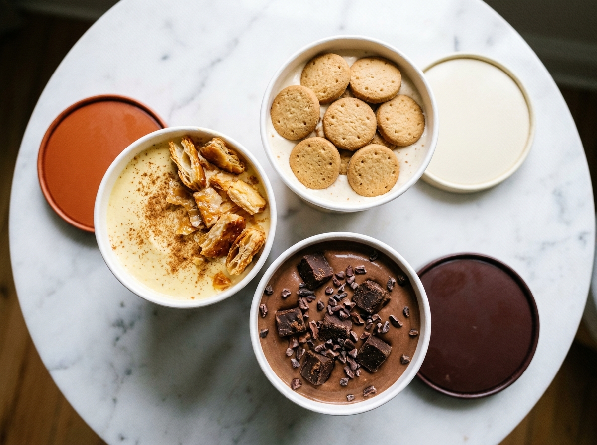 Três embalagens abertas: pastel de nata com lascas de massa folhada, bolacha Maria em pedaços, e chocolate com brigadeiro.